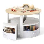 Apvalus vaikiškas stalas su keturiomis kėdutėmis ir daiktadėžėmis (Natūrali)