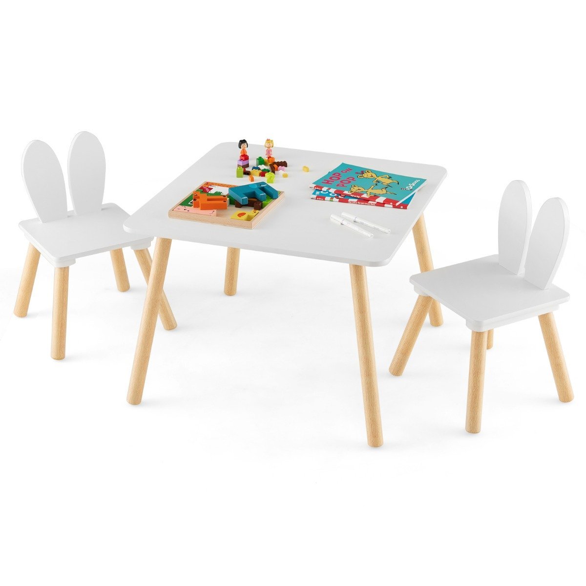 kindertisch-kindersitzgruppe-hy10103wh-1_12_de Vaikų stalas su dviem kėdutėmis medžio masyvo kojelės (Balta)