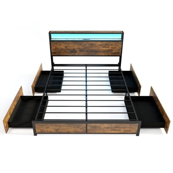 Lova su LED apšvietimu ir keturiais stalčiais (Rustikalinė ruda)