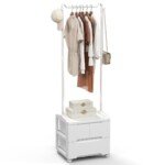 Drabužių kabykla su stalčiais ir šoniniais kabliukais (Balta)