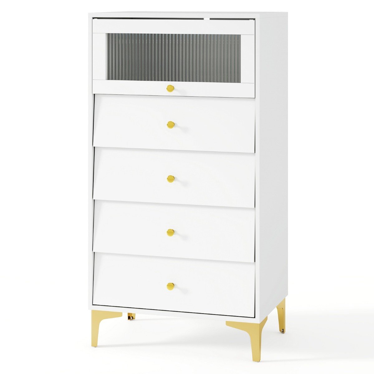 kommode-schubladenschrank-12597_7_ Talpi komoda su 4 stalčiais ir atverčiama stiklo durele (Balta)