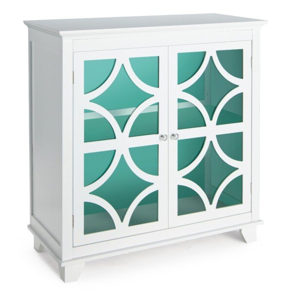 Tvirtas komodos tipo stalčius su stiklinėmis durelėmis ir reguliuojama lentyna (Žalia)