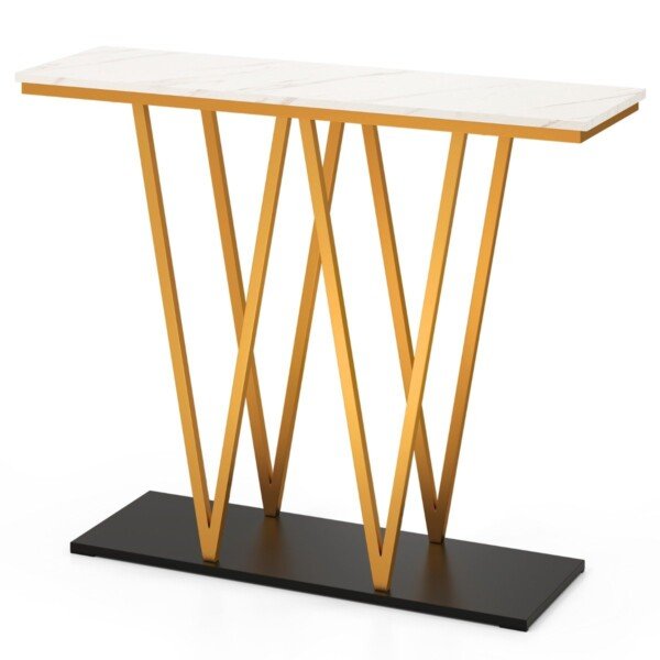 Siauras konsolinis staliukas su dirbtinio marmuro stalviršiu ir metaliniu rėmu (Balta)