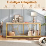 Siauras konsolinis staliukas su marmuro imitacijos stalviršiu ir auksiniu metaliniu rėmu 180 cm ilgio (Balta)