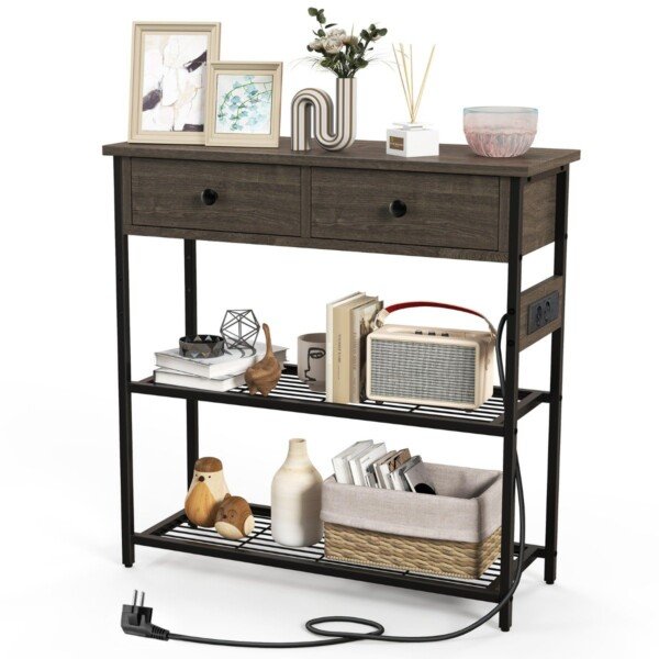 Konsolinis staliukas su įkrovimo stotele ir dviem stalčiais (Pilka)