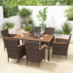 Lauko baldų komplektas: stalas su akacijos medžio stalviršiu ir šešios kėdės (Ruda)