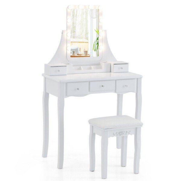 Modernus kosmetinis staliukas su LED apšvietimu ir penkiais stalčiais (Balta)