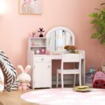 Vaikiškas kosmetinis staliukas su taburete ir LED apšvietimu (Balta)