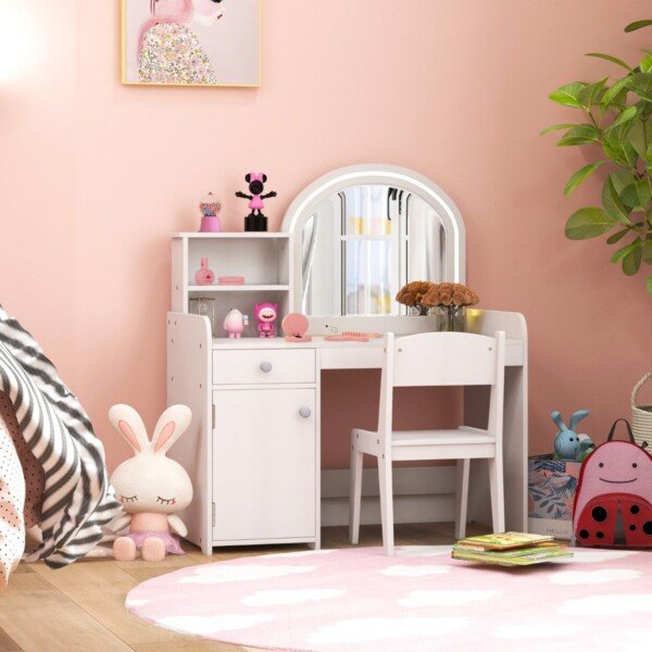 Vaikiškas kosmetinis staliukas su taburete ir LED apšvietimu (Balta)
