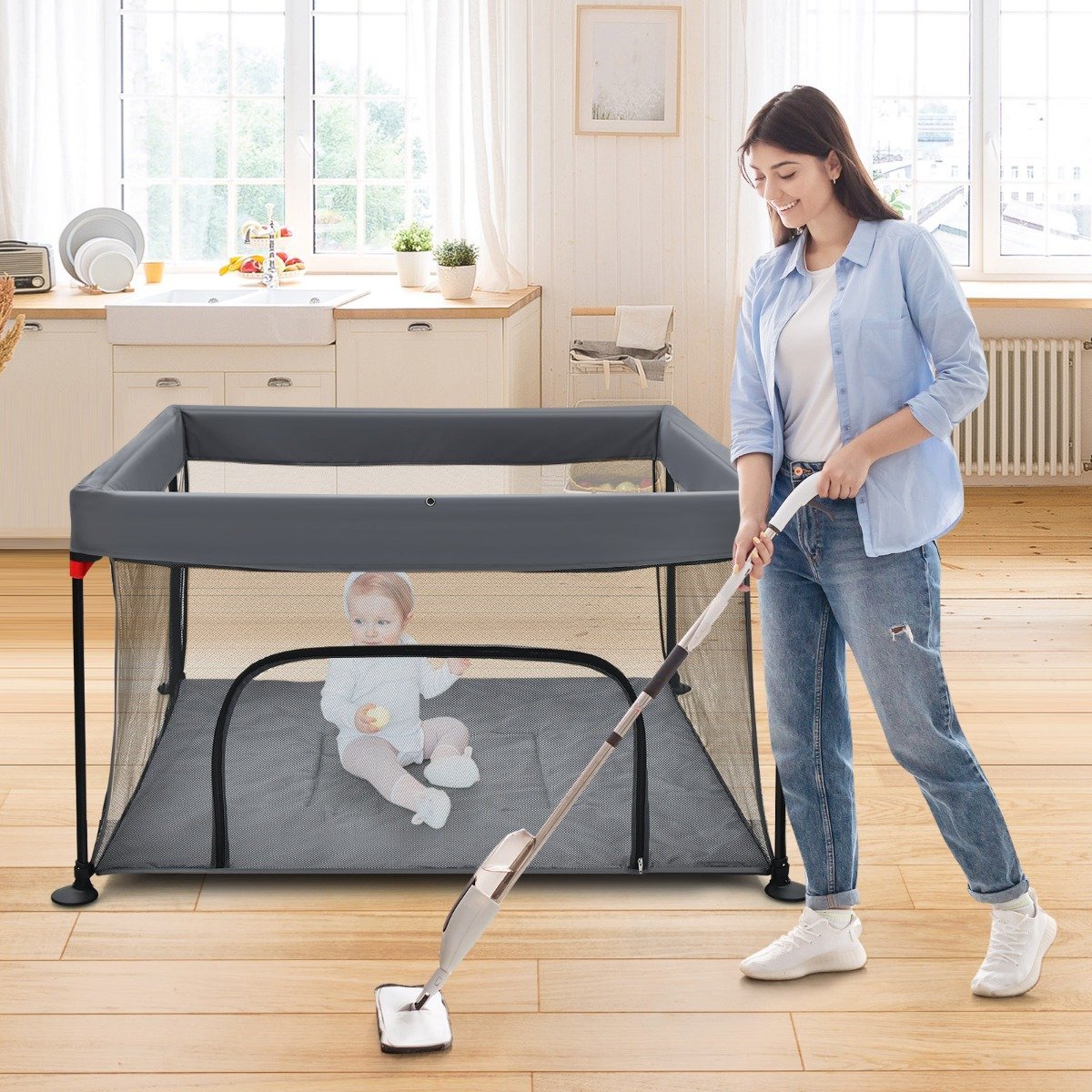 krabbelgitter-bc10142gr_6_ Sulenkiama vaikų žaidimų tvorelė 138x138 cm (Tamsiai pilka)