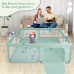 Didelis vaikų žaidimų aptvaras 200x180 cm su rankenomis ir kamuoliukais (Žalia)