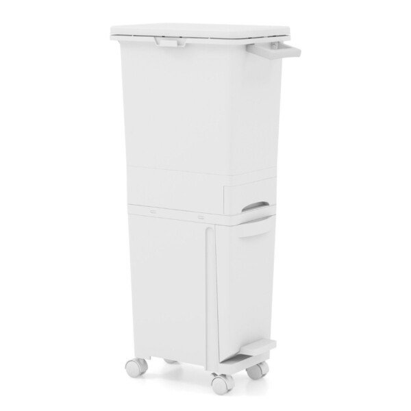 Daugiafunkcis virtuvės šiukšliadėžė su stalčiumi ir ratukais (Balta)