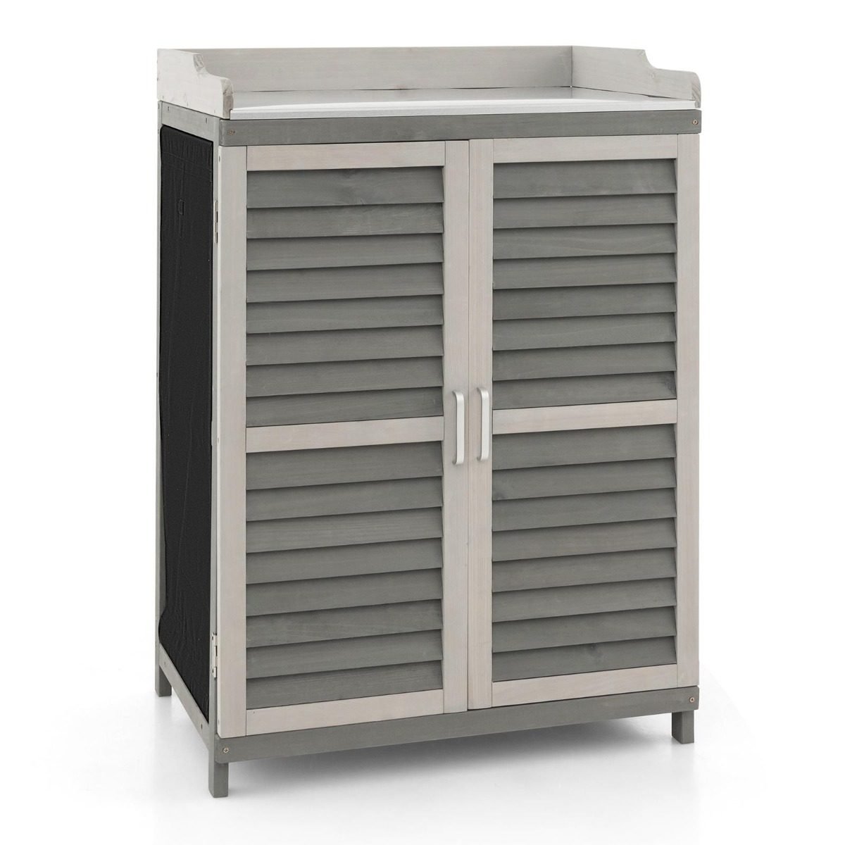 lagerschrank-gt4027gr_7__1 Medinė lauko daržovių ir įrankių spintelė su metaline plokšte (Pilka)