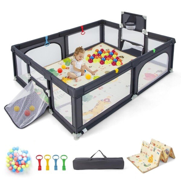 Vaikų žaidimų aptvaras su čiužiniu ir krepšinio lenta (Tamsiai pilka)