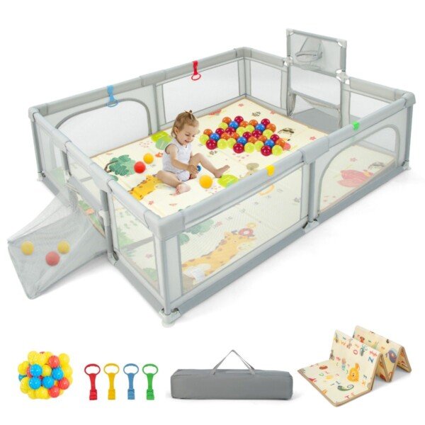 Vaikų žaidimų aptvaras su čiužiniu ir krepšinio lanku (Šviesiai pilka)