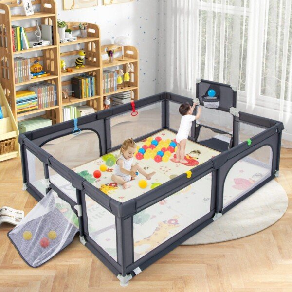 Žaidimų aptvaras su čiužiniu ir krepšinio lanku (Tamsiai pilka)