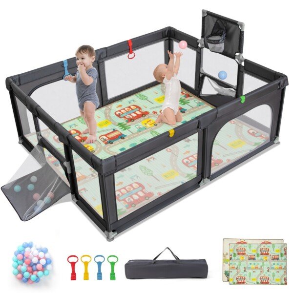 Daugyklės žaidimų aptvaras su minkšta sulankstoma čiužinyte ir sporto priedais (Tamsiai-pilka)