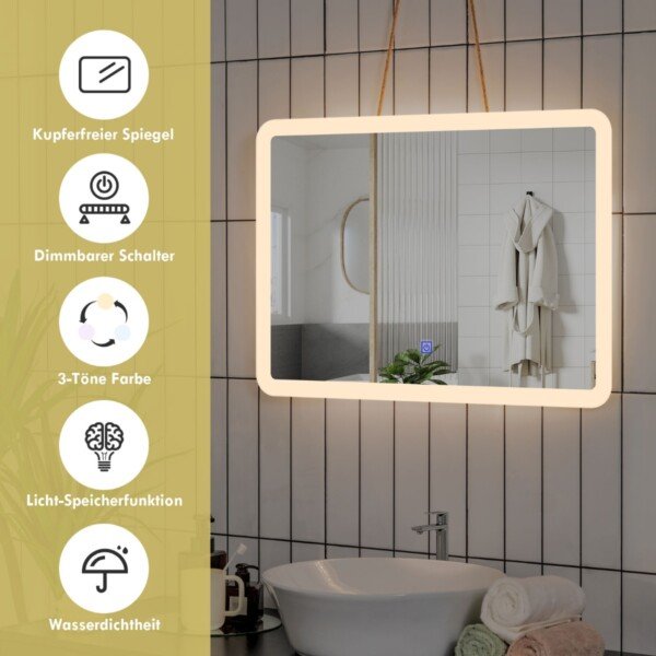 LED vonios veidrodis su lietimui jautriu ir reguliuojamu apšvietimu 70x50 cm (Sidabrinė)