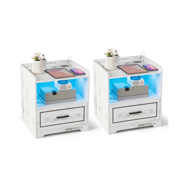 Naktinis staliukas su LED apšvietimu ir USB/Type-C įkrovimo stotele (Balta)