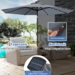 Apvalus sodo skėtis su LED apšvietimu ir rankine rankena (Pilka)