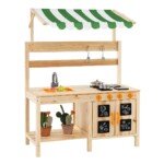 Lauko medinė virtuvėlė su stogeliu (Natūrali)