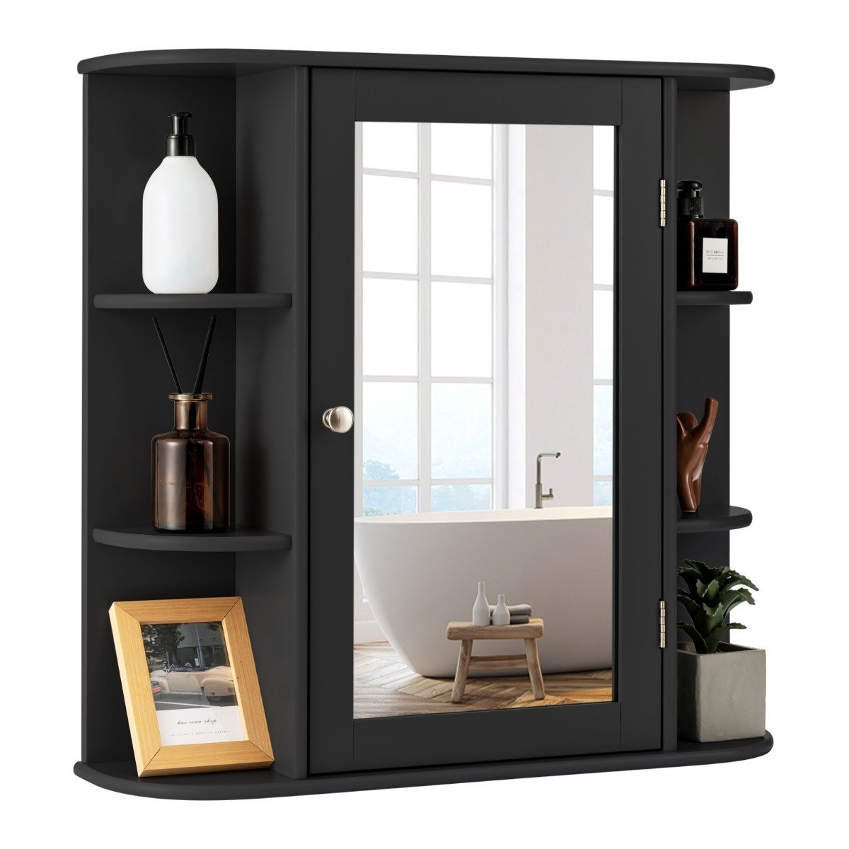 medizinschrank-wandschrank-12065_1_ Vonios spintelė su veidrodžiu ir atviromis lentynėlėmis (Juoda)