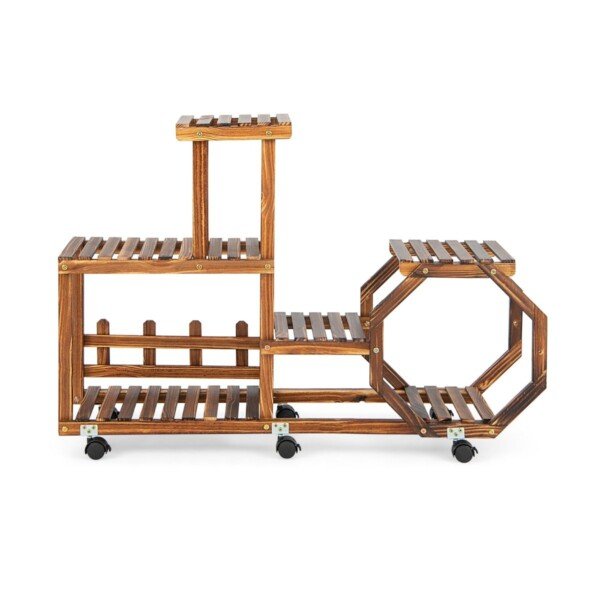 Medinis gėlių stovas su šešiomis lentynomis ir ratukais (Natūrali)