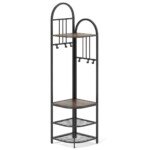 Kampinė drabužių kabyklos stova su batų lentyna ir 6 kabliais (Rudas)