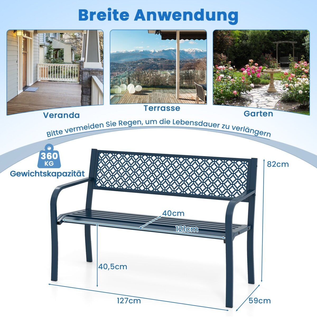 Metaliniai sodo suoliukai 2-3 asmenims 360 kg apkrovos (Tamsiai mėlyna)