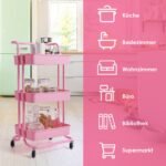Daugiafunkcis trijų lentynų vežimėlis su rankena (Rožinė)