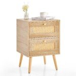 Boho stiliaus naktinis staliukas su 2 stalčiais ir medžio masyvo kojomis (Natūrali)