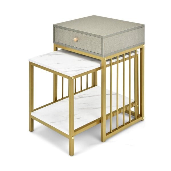 Dalių rinkinys: kavos staliukas su stalčiumi ir lentyna bei pagalbinis staliukas (Balta)