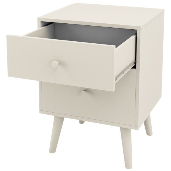 Naktinis staliukas su dviem stalčiais ir medinėmis kojomis (Balta)