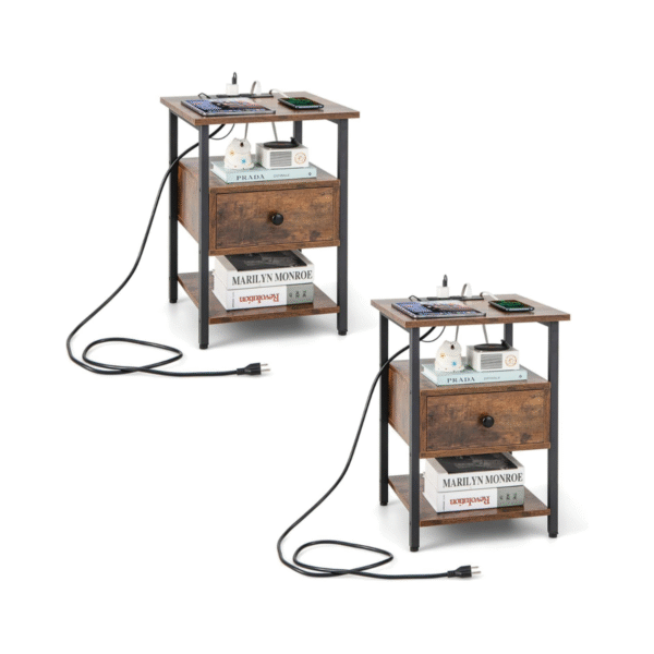 Naktinis staliukas su integruota įkrovimo stotele ir stalčiumi (Rusta ruda)