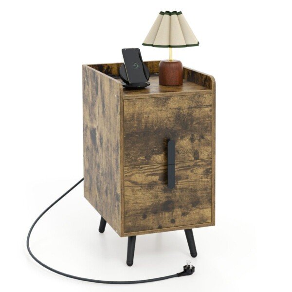 Kompaktiškas naktinis staliukas su integruota įkrovimo stotele ir stalčiais (Natūrali ruda)