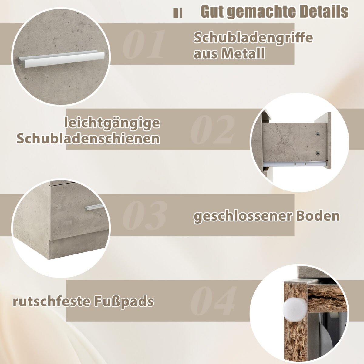 Naktinė spintelė su trimis stalčiais 37 x 34 x 66 5 cm (Pilka)