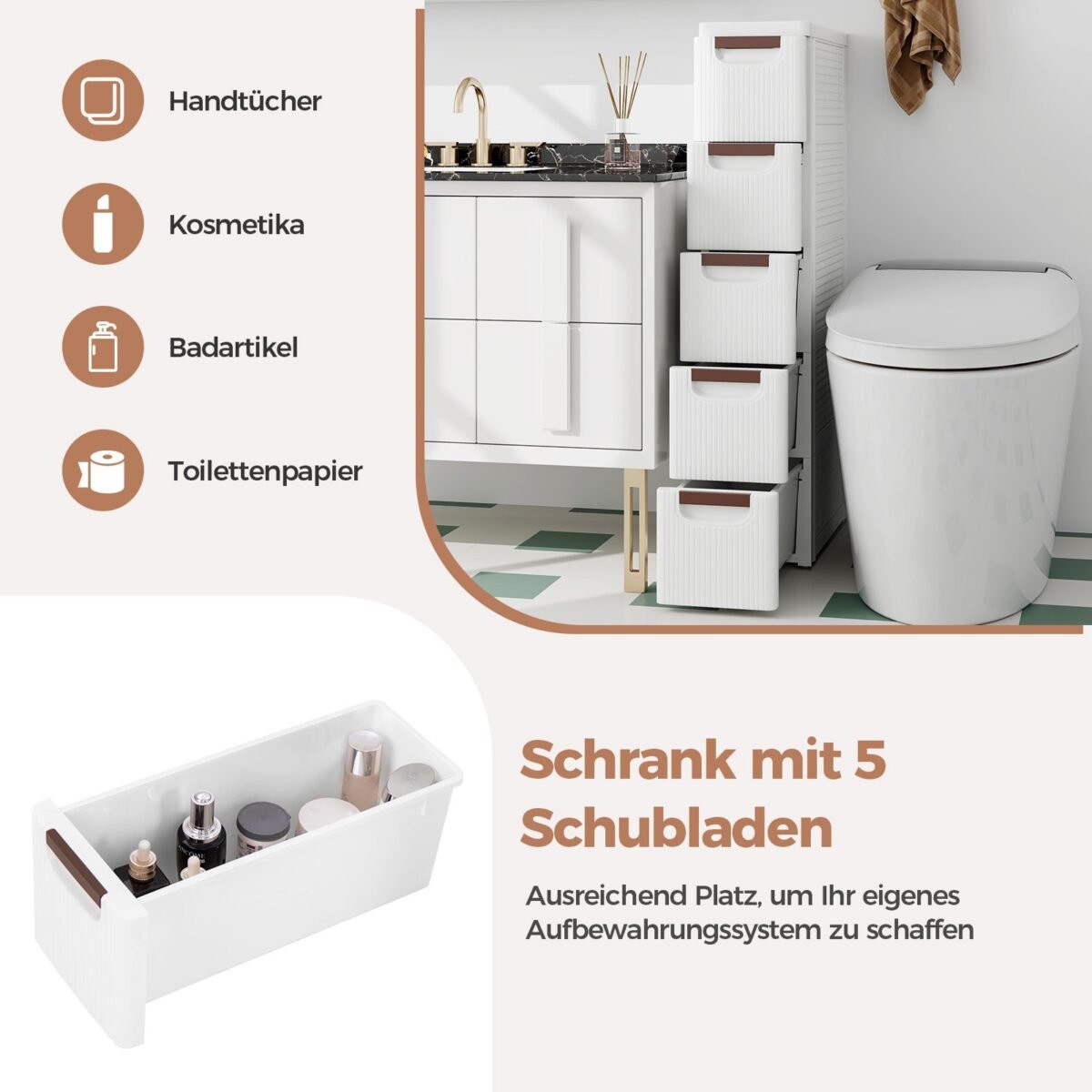 Siauras sandėliukas su ratukais (Balta)