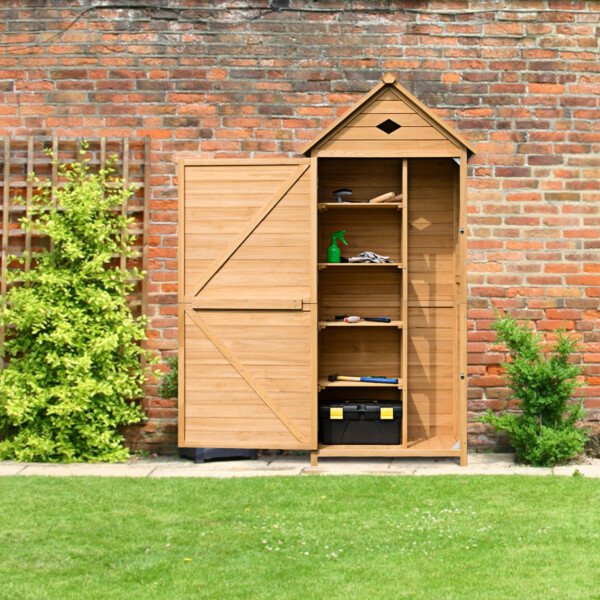 Medinė sodo įrankių spinta su lentynomis (Natūrali)