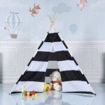 Vaikiška tipi palapinė žaidimams su mediniu karkasu (Juoda ir balta)