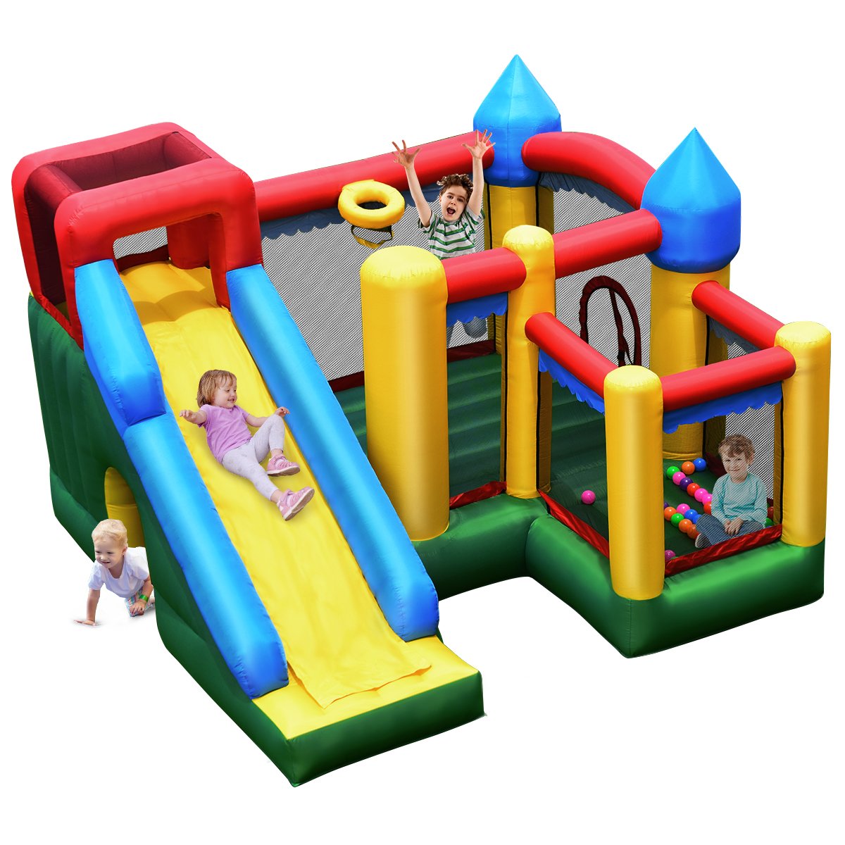 op70405-1 Pripučiama pilis su čiuožykla ir daugybe žaidimų erdvių (Spalvota)