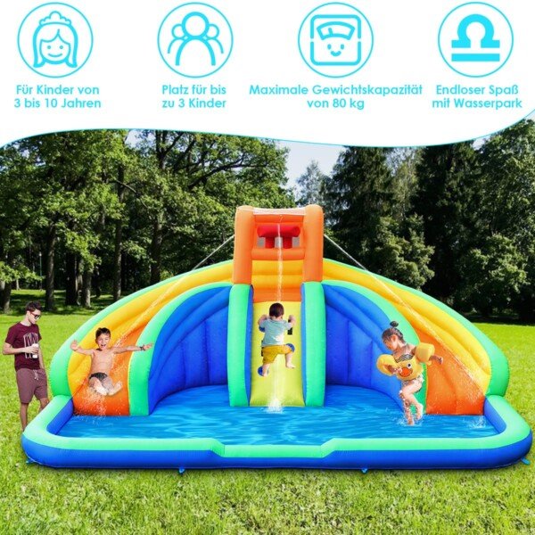 Pripučiamas vandens parkas su dviejomis čiuožyklomis ir laipiojimo sienele (Daugiaspalvis)