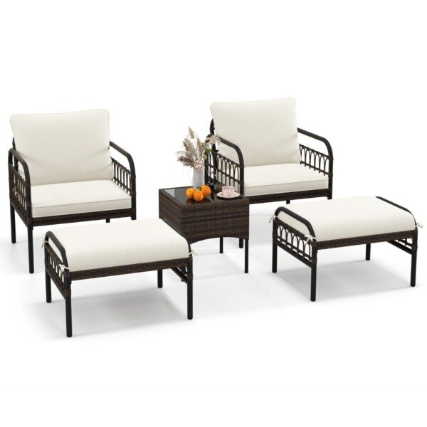 Lauko baldų komplektas su dviem foteliais dviem osmanais ir staliuku (Ruda)