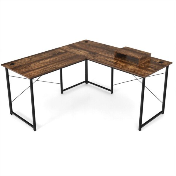 Kampinis transformuojamas kompiuterio stalas su monitoriaus pakyla (Rudos)