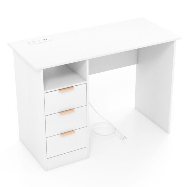 Modernus rašomasis stalas su 3 stalčiais ir integruota įkrovimo stotele (Balta)