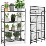 Sulankstomas metalinis 4 pakopų augalų stovas su reguliuojamomis lentynomis (Juoda)