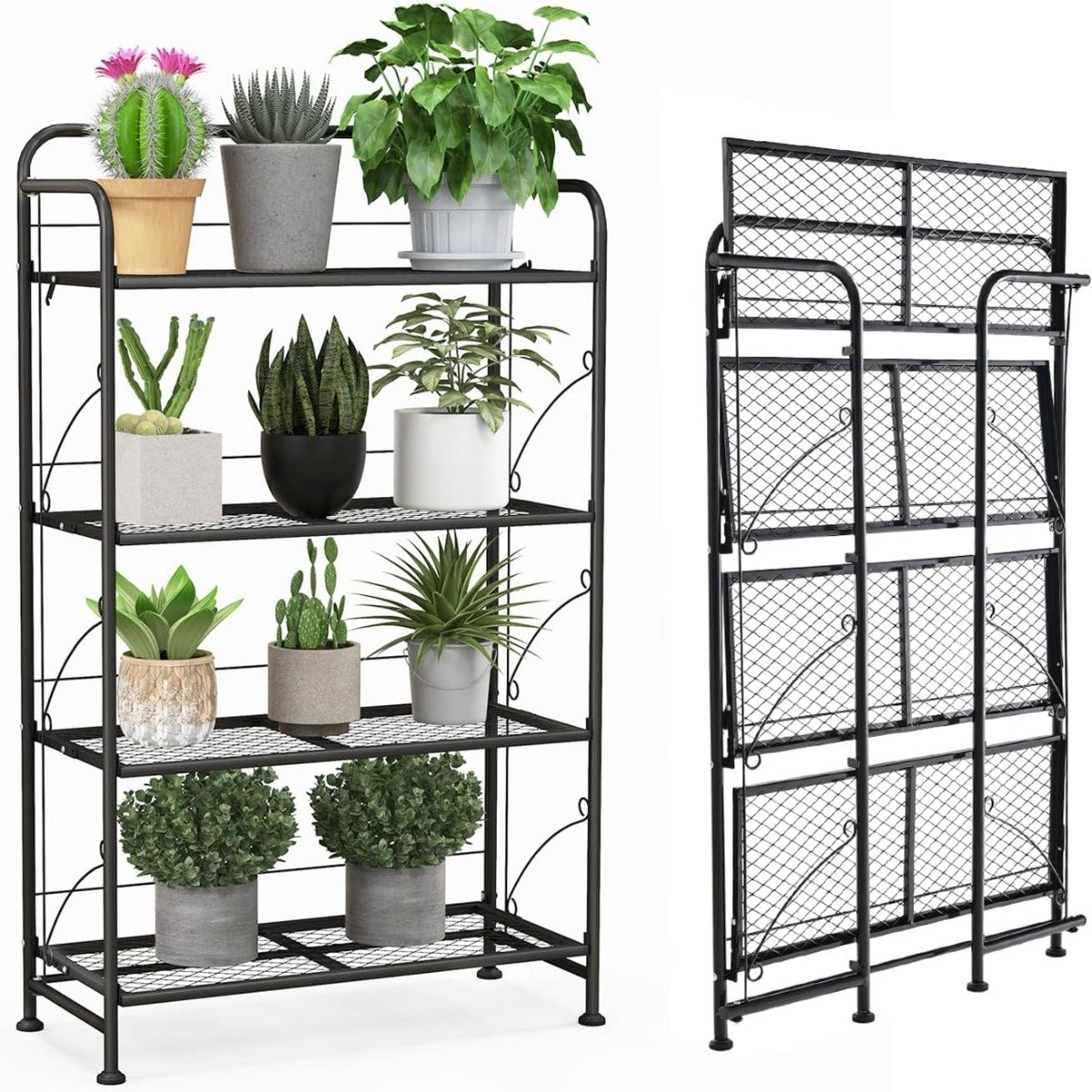 pflanzenregal-gt4025dk_2_ Sulankstomas metalinis 4 pakopų augalų stovas su reguliuojamomis lentynomis (Juoda)