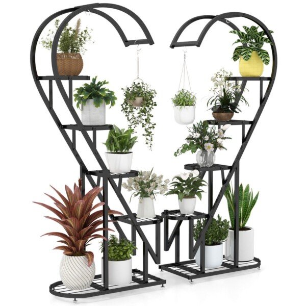 Metalinis daugiaaukštis augalų stovas su kabliukais (Juoda)