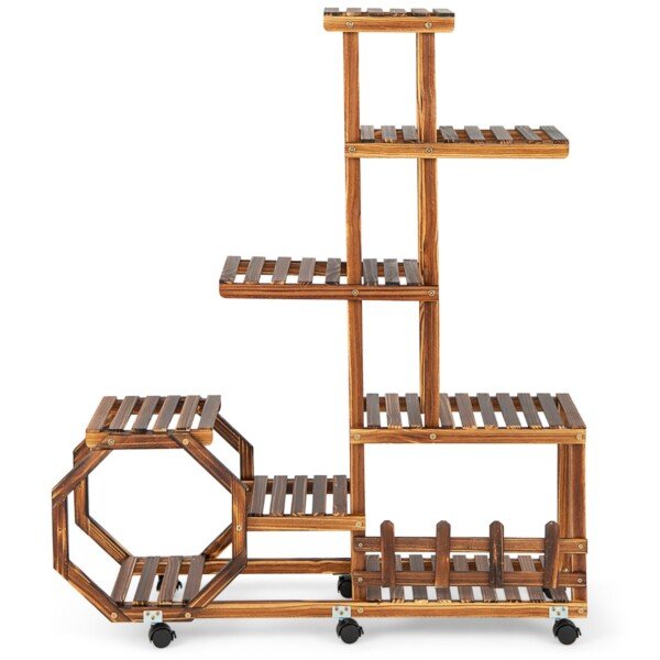 Daugiaaukštis medinis augalų stovas su ratukais (Natūrali)