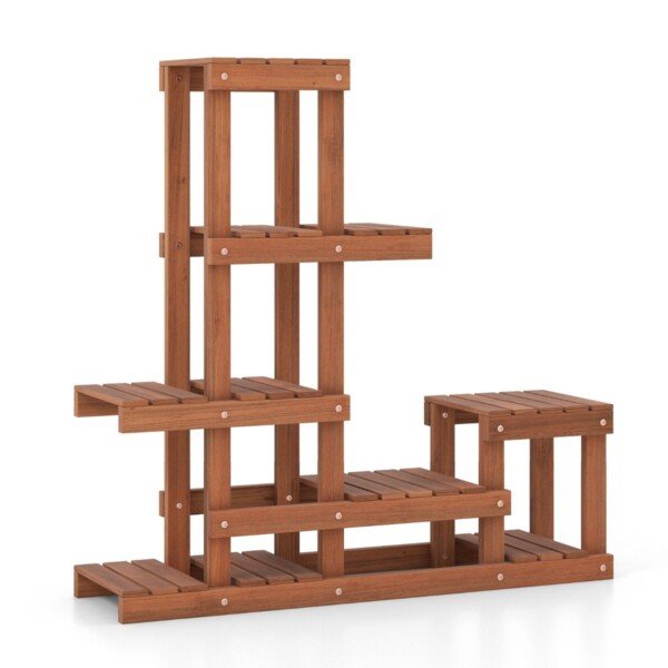 Medinis gėlių stovas su 6 pakopomis ir 10 lentynų (Natūrali)