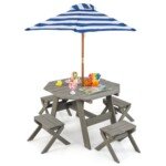 Aštuonkampis medinis pikniko stalo ir kėdžių komplektas su skėčiu (Pilka)